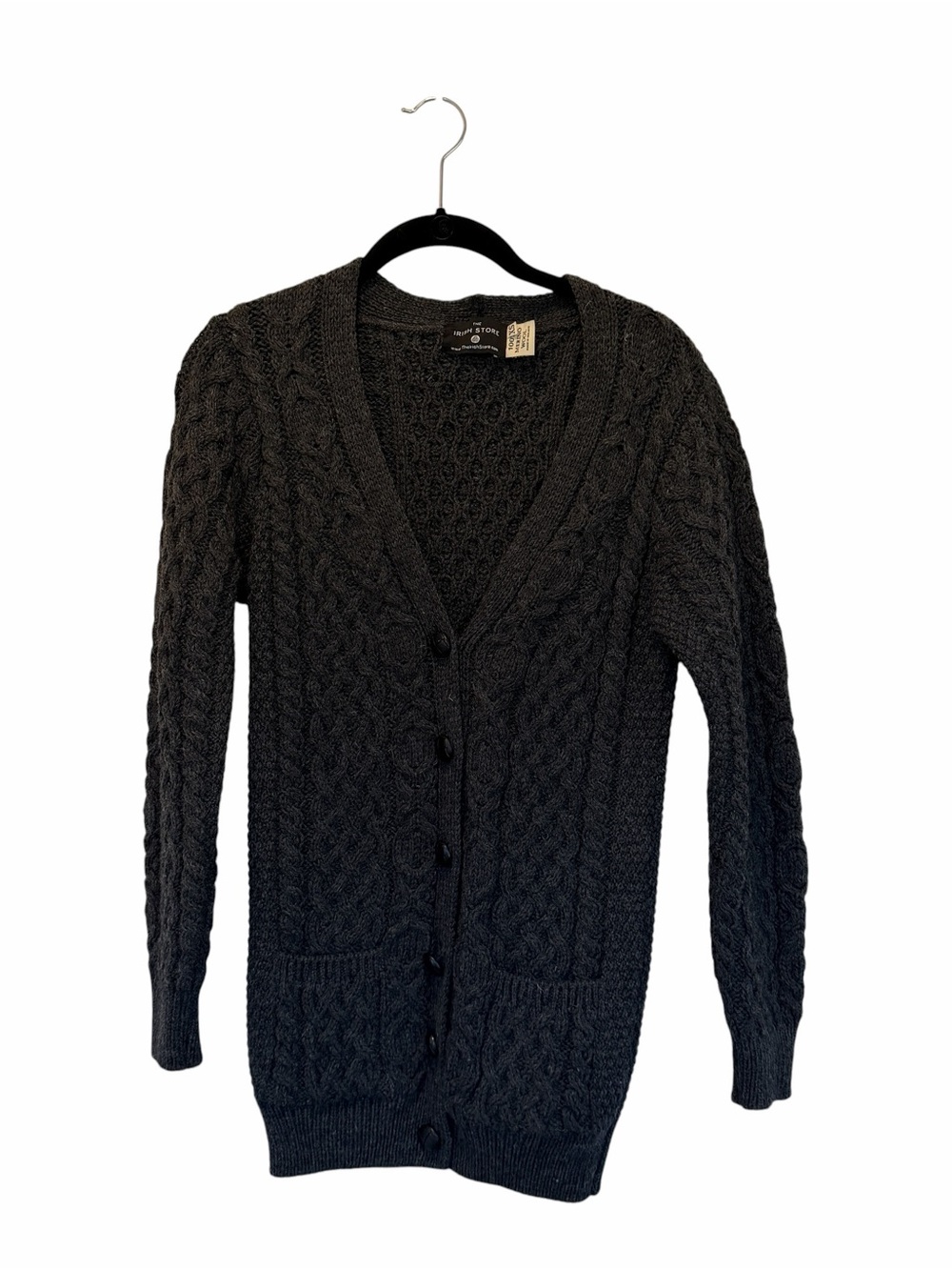 Irish Wool Cardigan V-Neck Button-up Merino Wool Aran Fisherman Cable Knit XS